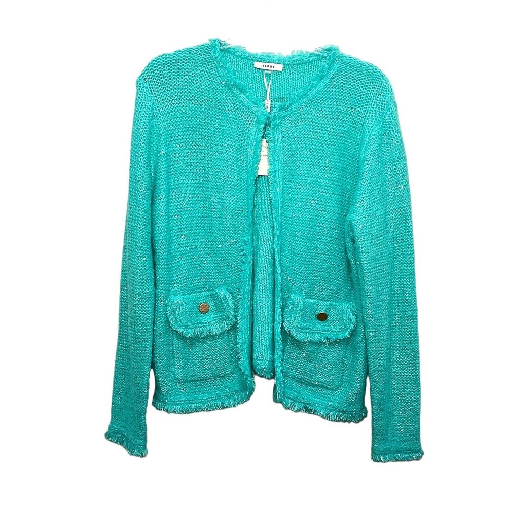 Sioni Cardigan Sweater Womens Size Large Tweed Like Shimmer Sequins New Minty